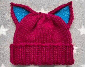 Cat Hat - Magenta - Blue Glitter Ears - Handknit Hat - Acrylic