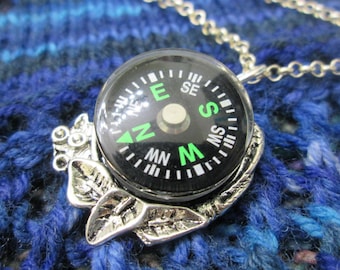 Steampunk Compass Necklace - Green Compass with Leaf Setting