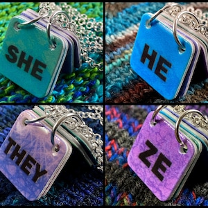 Genderfluid Pronouns Necklace | She He They Ze | Teal Blue Indigo Purple | Silver Rolo Chain