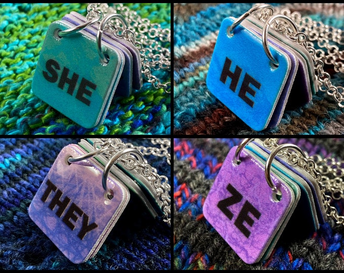 Genderfluid Pronouns Necklace - She/He/They/Ze - Teal/Blue/Indigo/Purple- Silver Chain