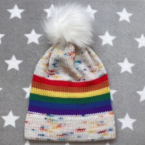 Knit Pride Hat | Rainbow Funfetti Cupcake | Slouchy Beanie | White Pom-Pom | Acrylic
