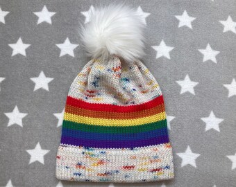 Knit Pride Hat | Rainbow Funfetti Cupcake | Slouchy Beanie | White Pom-Pom | Acrylic