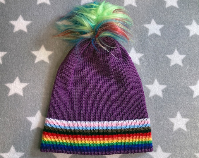 Knit Progress Pride Hat | Purple Slouchy Convertible Beanie | Lightweight Acrylic | Chaos Floof Pom-Pom