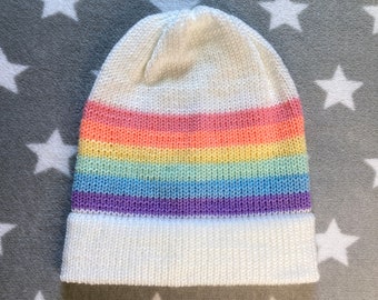 Knit Pastel LGBT Rainbow Pride Hat | White Slouchy Beanie | Lightweight Acrylic