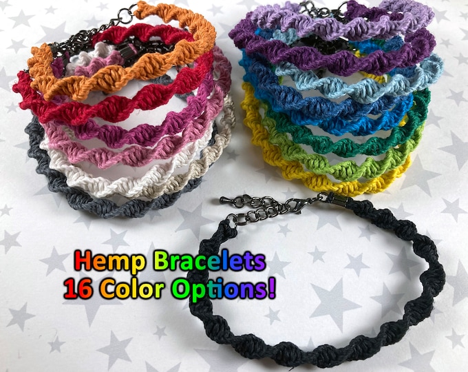 Solid Color Twist Hemp Bracelet with Gunmetal Extender Chain - 1 Bracelet - 16 different colors (Pick 1!) - 7 to 8 Inches Adjustable