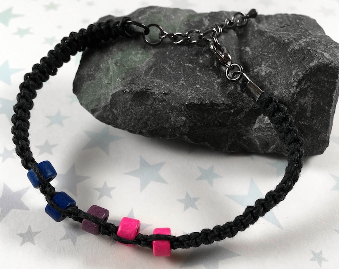 Hemp Pride Bracelet - Bisexual Pride - Black - Ceramic Beads - 7 to 8 Inches Adjustable
