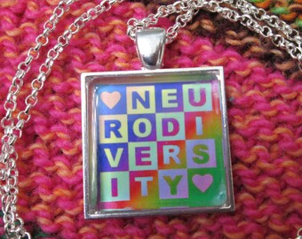Neurodiversity Necklace | Light Rainbow | Square Checker Design | Rolo Chain
