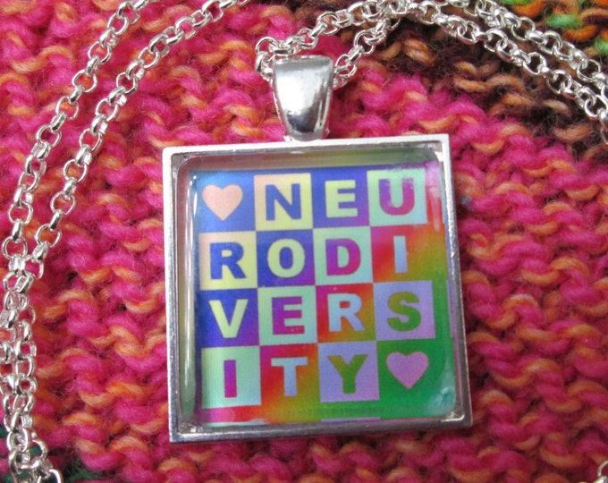 Neurodiversity Necklace - Light Rainbow - Square Checker Design - Rolo Chain