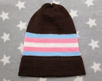 Knit Trans Pride Hat | Brown Slouchy Beanie | Acrylic