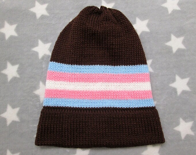 Knit Trans Pride Hat | Brown Slouchy Beanie | Acrylic