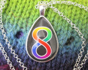 Neurodiversity Pride | Rainbow Infinity Pendant Necklace | Silver Teardrop | Rolo Chain