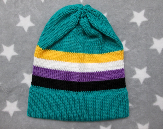 Knit Pride Hat - Nonbinary Pride - Turquoise Slouchy Beanie - Acrylic