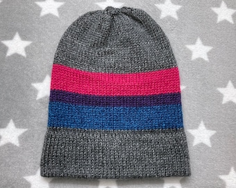 Knit Bisexual Pride Hat | Heathered Dark Grey | Slouchy Beanie | Soft & Warm Acrylic
