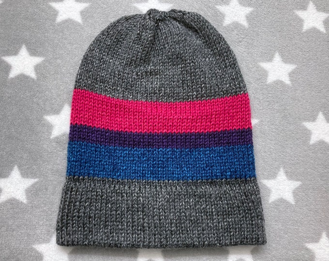Knit Bisexual Pride Hat | Heathered Dark Grey | Slouchy Beanie | Soft & Warm Acrylic