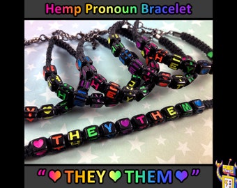THEY THEM Hemp Pronoun Bracelet | Rainbow Alphabet Beads | 1 Bracelet (Assorted Rainbow Colors) | Adjustable Chain or Slide Knot
