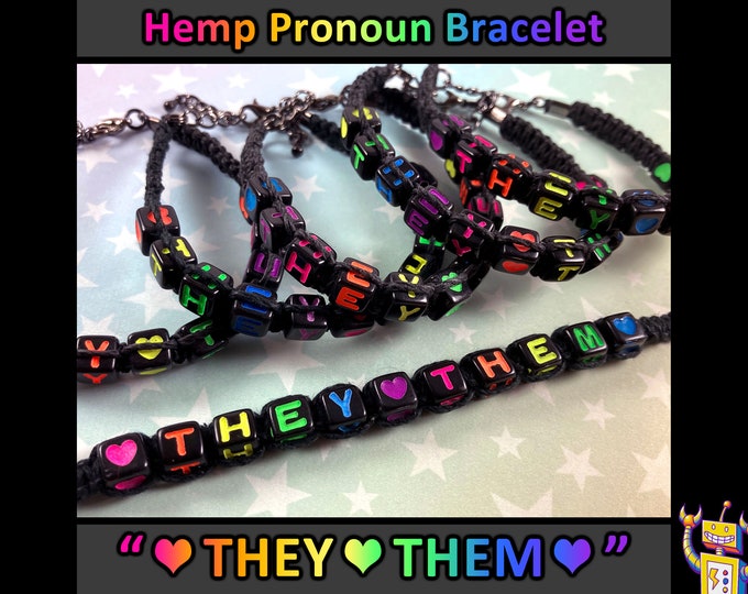 THEY THEM Hemp Pronoun Bracelet - Rainbow Alphabet Beads - 1 Bracelet (Assorted Rainbow Colors) - Adjustable Chain or Slide Knot