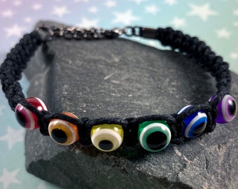 Rainbow Eyeballs Hemp Pride Bracelet | Acrylic Beads | 1 Bracelet | 7 to 8 Inches Adjustable Chain or Extra Adjustable Slide Knot