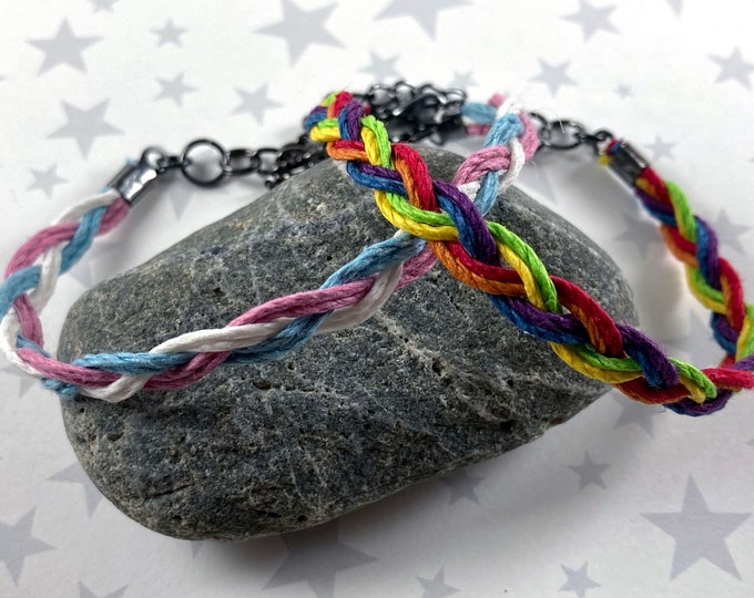 Rainbow or Trans Pride Braided Hemp Bracelet | Slim Bracelet | 2 different styles (Pick 1!) | 7 to 8 Inches Adjustable