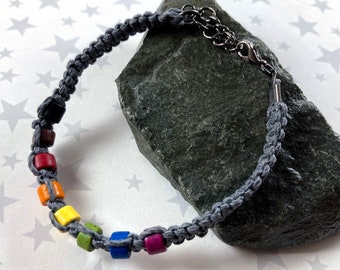 Philly LGBT Rainbow Hemp Pride Bracelet | Grey | Ceramic Beads | 7 to 8 Inches Adjustable