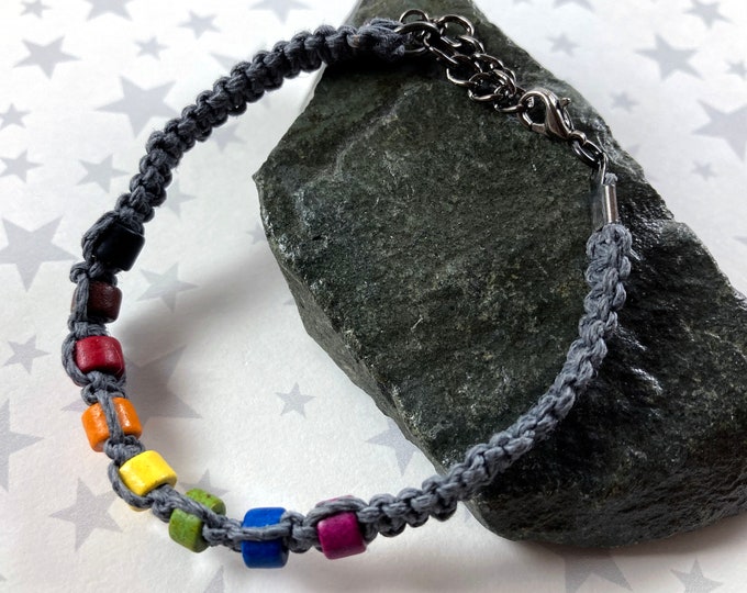 Philly LGBT Rainbow Hemp Pride Bracelet - Grey - Ceramic Beads - 7 to 8 Inches Adjustable