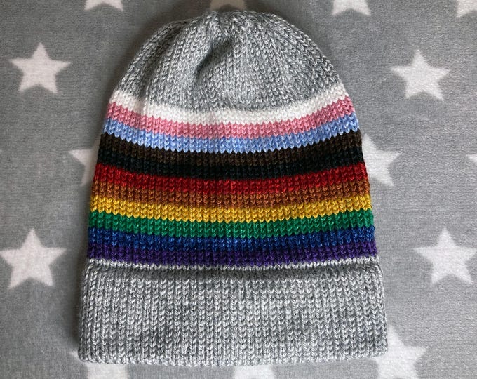 Knit Progress Pride Hat | Heathered Light Gray | Slouchy Beanie | Soft & Warm Acrylic