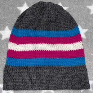 100% Wool Knit Pride Hat | Trans Pride | Vivid Colors | Grey