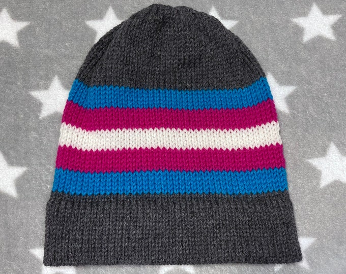 100% Wool Knit Pride Hat | Trans Pride | Vivid Colors | Grey