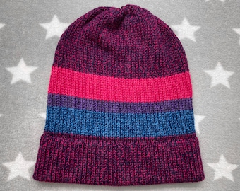 Knit Bisexual Pride Hat | Heathered Hot Pink Navy Mix | Slouchy Beanie | Soft & Warm Acrylic