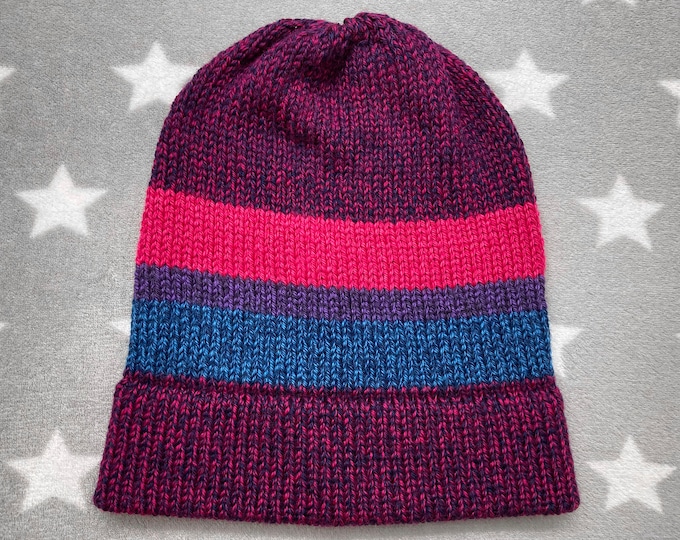 Knit Pride Hat - Bi Pride - Heathered Hot Pink & Navy Mix - Slouchy Beanie - Acrylic