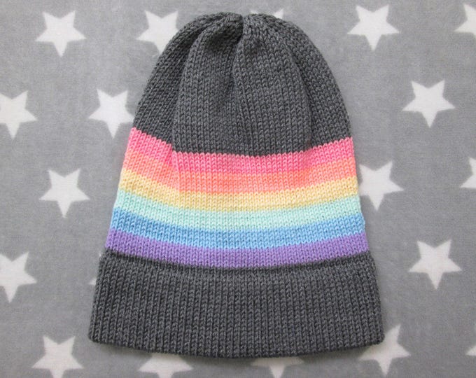 Knit Pride Hat - Pastel LGBT Rainbow - Grey - Slouchy Beanie - Acrylic