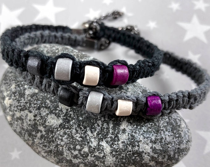 Asexual Pride Hemp Bracelet - Black or Grey - Ceramic Beads - 1 Bracelet - 7 to 8 Inches Adjustable