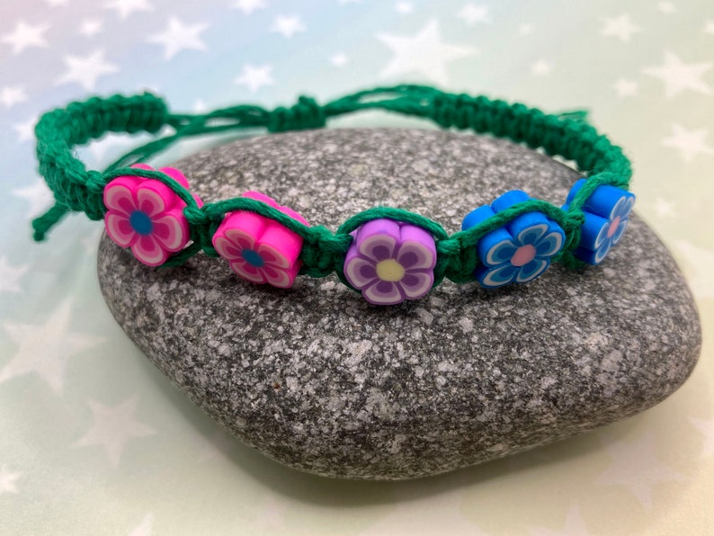 Flower Hemp Pride Flag Bracelet Rainbow, Trans, Pan, Bi Pride Green Hemp 1 Bracelet 4 Options 6 to 10 Inches Adjustable Slide Knot image 8