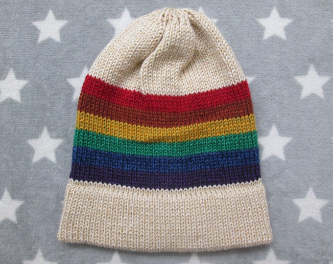 Knit Pride Hat - LGBT Rainbow - Heathered Cream - Slouchy Beanie - Acrylic