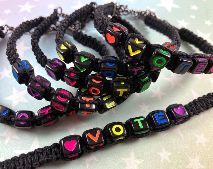 Hemp Bracelet - "VOTE" - Rainbow Alphabet Beads - Black Hemp - 1 Bracelet (Assorted Rainbow Colors) - 7 to 8 Inches Adjustable