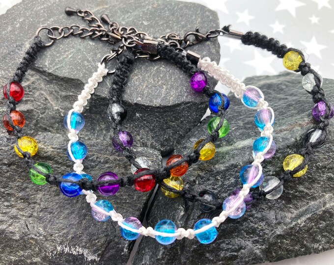 Crackle Glass Beads Hemp Pride Bracelet - Rainbow, Trans, Nonbinary Pride - 3 different styles (Pick 1!) - 7 to 8 Inches Adjustable