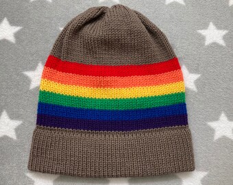 Knit LGBT Rainbow Pride Hat | Light Brown Slouchy Beanie | Lightweight Acrylic