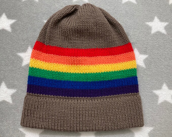 Knit LGBT Rainbow Pride Hat | Light Brown Slouchy Beanie | Lightweight Acrylic