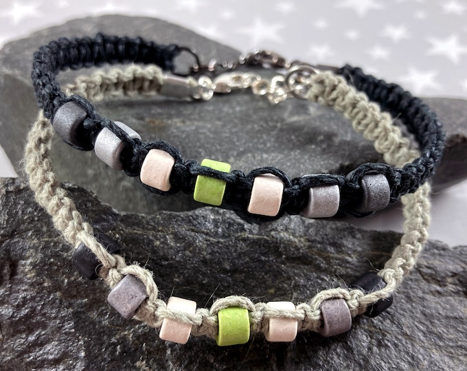 Agender Pride Hemp Bracelet | Black or Light Grey | Ceramic Beads | 1 Bracelet | 7 to 8 Inches Adjustable
