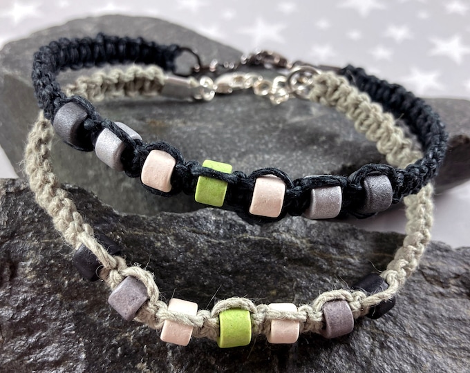 Agender Pride Hemp Bracelet - Black or Light Grey - Ceramic Beads - 1 Bracelet - 7 to 8 Inches Adjustable