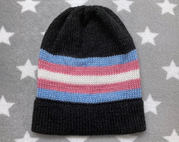 Knit Pride Hat - Trans Pride - Heathered Black - Slouchy Beanie - Acrylic