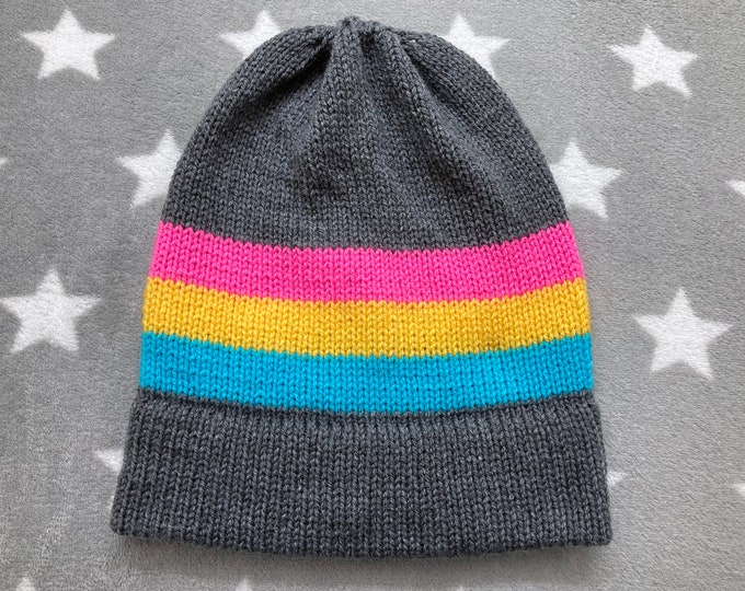 Knit Pansexual Pride Hat | Grey Slouchy Beanie | Lightweight Acrylic
