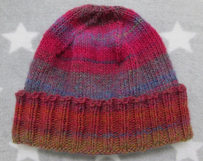 Handknit Hat - Rusty Pink & Purple - Knit Fitted Beanie - Wool Acrylic Blend