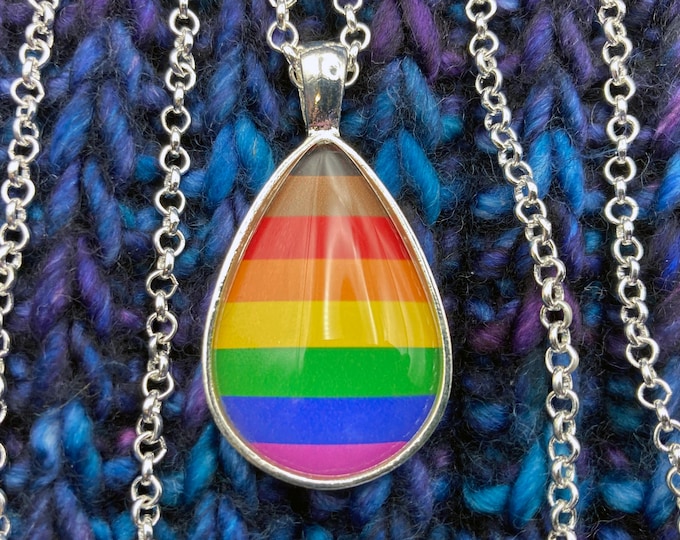 Philly LGBT Rainbow Pride Flag Pendant Necklace | Silver Teardrop | Rolo Chain