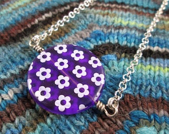 Spinner Pendant Necklace - Purple Flowers - Long Chain