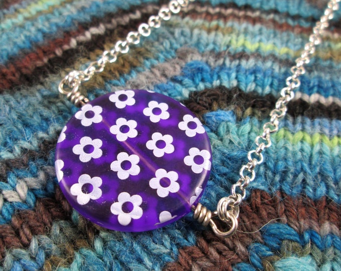 Spinner Pendant Necklace - Purple Flowers - Long Chain