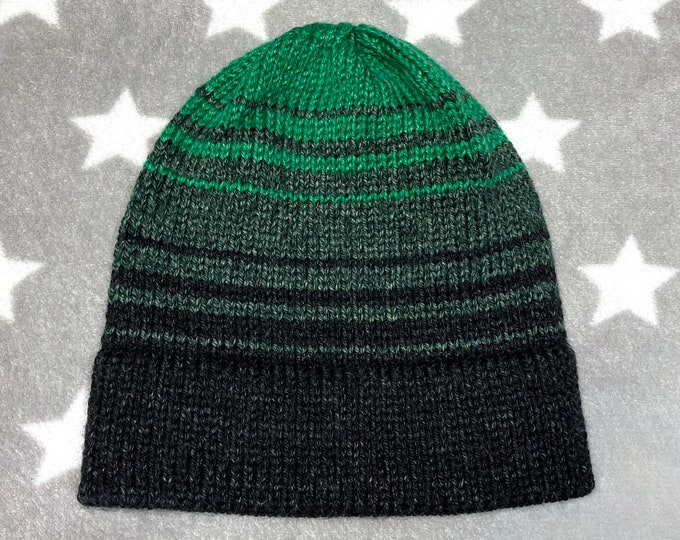 Knit Gradient Hat - Black to Green - Ombre Fade Stripes - Slightly Slouchy Beanie - Acrylic