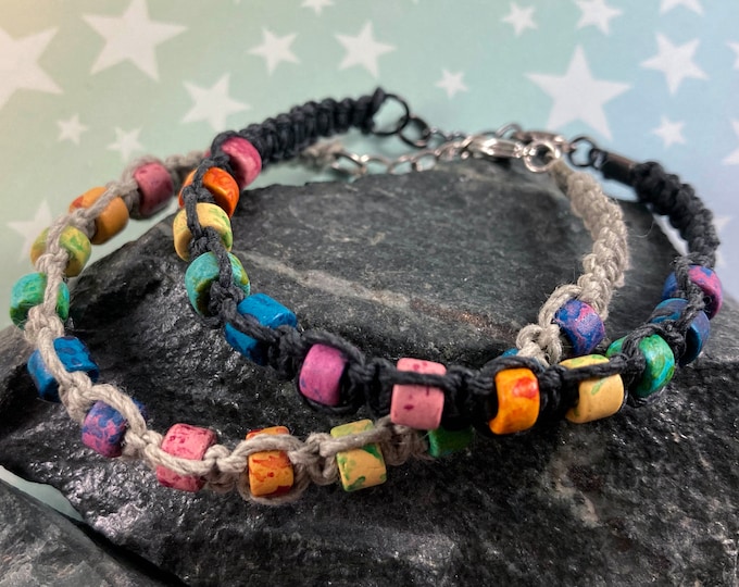 Rainbow Paint Splatter Hemp Pride Bracelet - Black or Light Grey - Ceramic Beads - 1 Bracelet - 7 to 8 Inches Adjustable