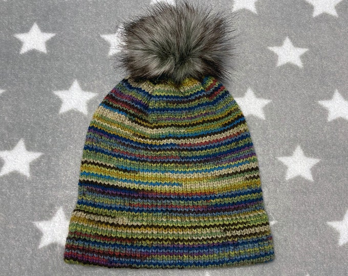 Wool-Nylon Blend Hat | Earthtones | Multicolor | Slouchy Knit Winter Beanie with Faux Fur Pom Pom