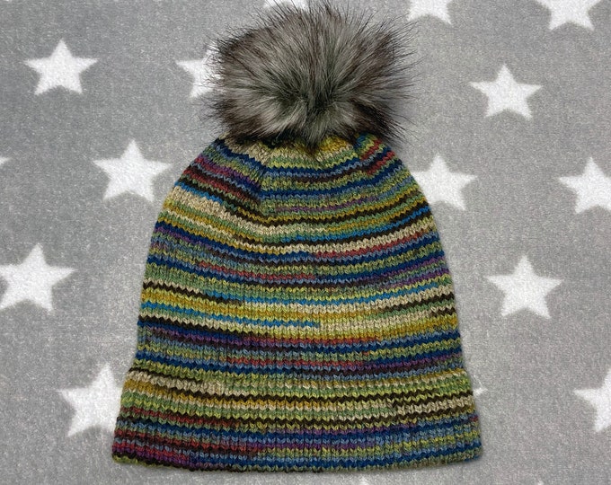 Wool-Nylon Blend Hat - Earthtones - Multicolor - Slouchy Knit Winter Beanie with Faux Fur Pom Pom