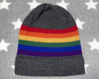 100% Wool Knit Pride Hat - LGBT Rainbow - Grey